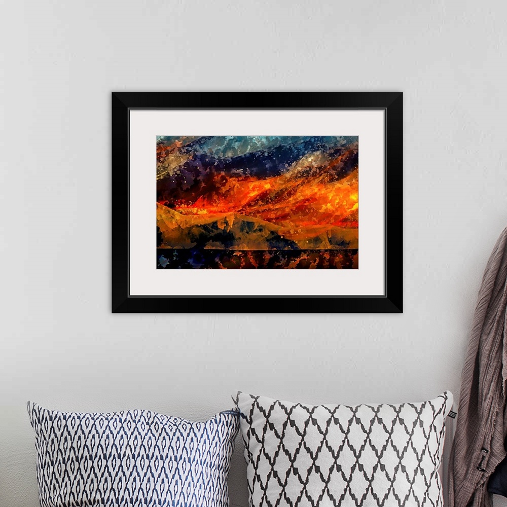 A bohemian room featuring An eruption of warm colors wrestling cool shades in this abstract artwork.