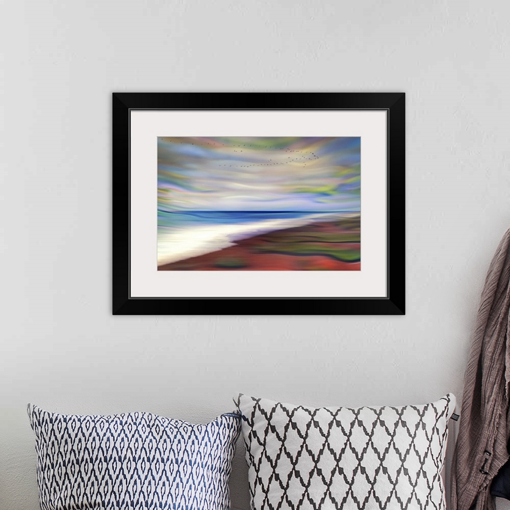 A bohemian room featuring Abstract photograph of blurred and blended colors and flowing lines, resembling foamy ocean waves...