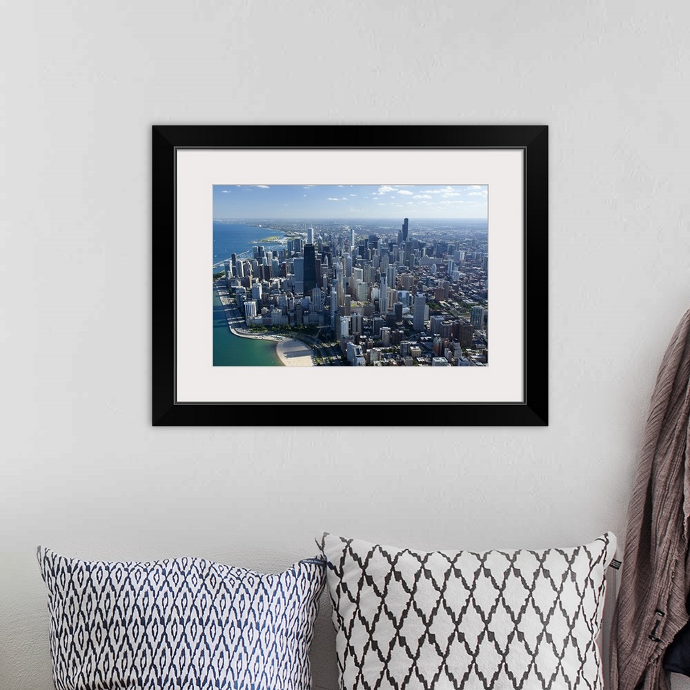 A bohemian room featuring Giant, landscape, aerial photograph along the Lake Michigan shoreline of Chicago, Illinois.