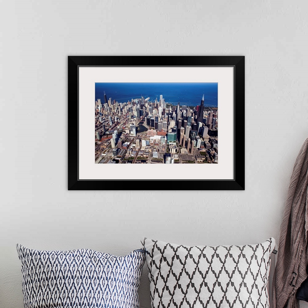 A bohemian room featuring Aerial view of a city, Lake Michigan, Chicago, Cook County, Illinois, USA