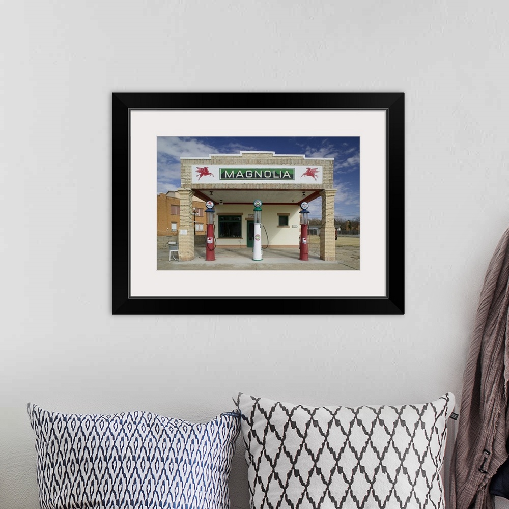 A bohemian room featuring Facade of a gas station, Shamrock, Texas
