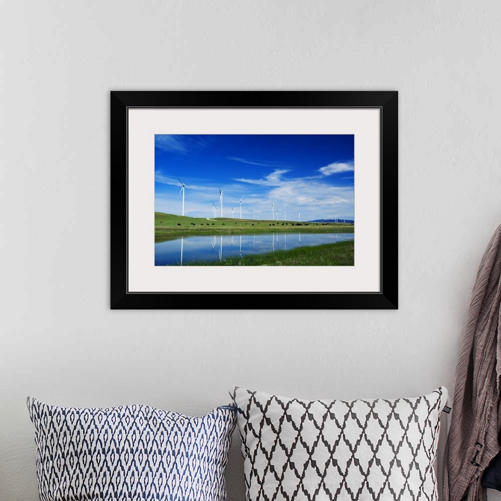 A bohemian room featuring Herd of cattle grazing beneath row of wind farm turbines, reflection in pond water, Montana