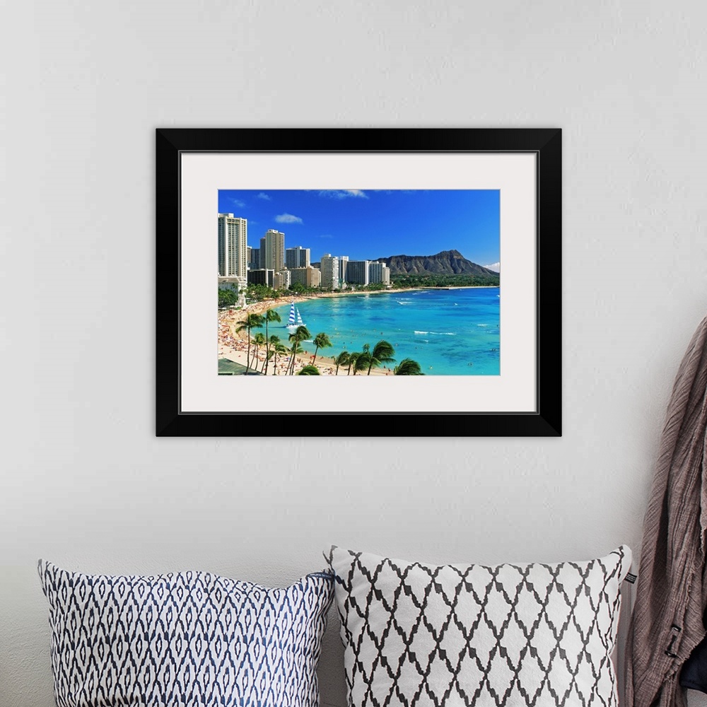 A bohemian room featuring Palm trees on the beach, Diamond Head, Waikiki Beach, Oahu, Honolulu, Hawaii, USA
