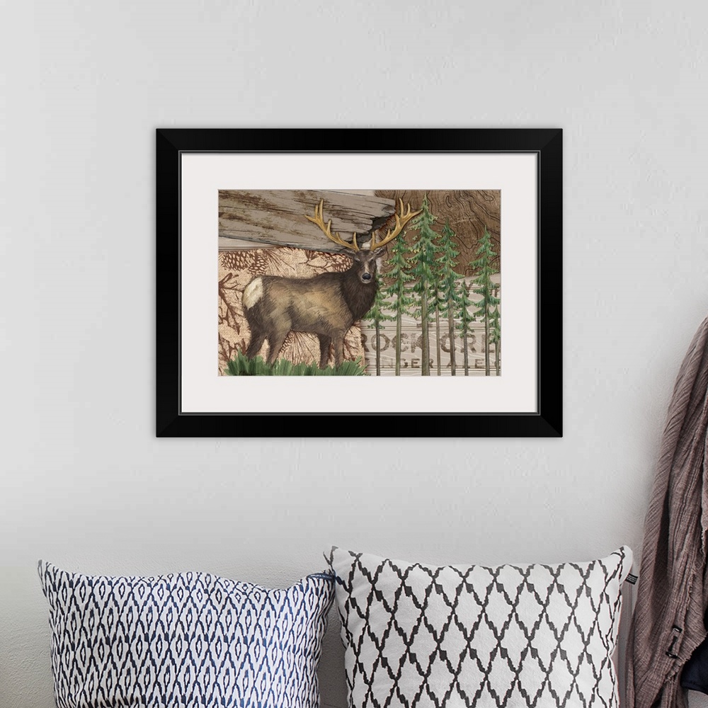 A bohemian room featuring Collage of woodland elements including an elk, trees, and a property sign.