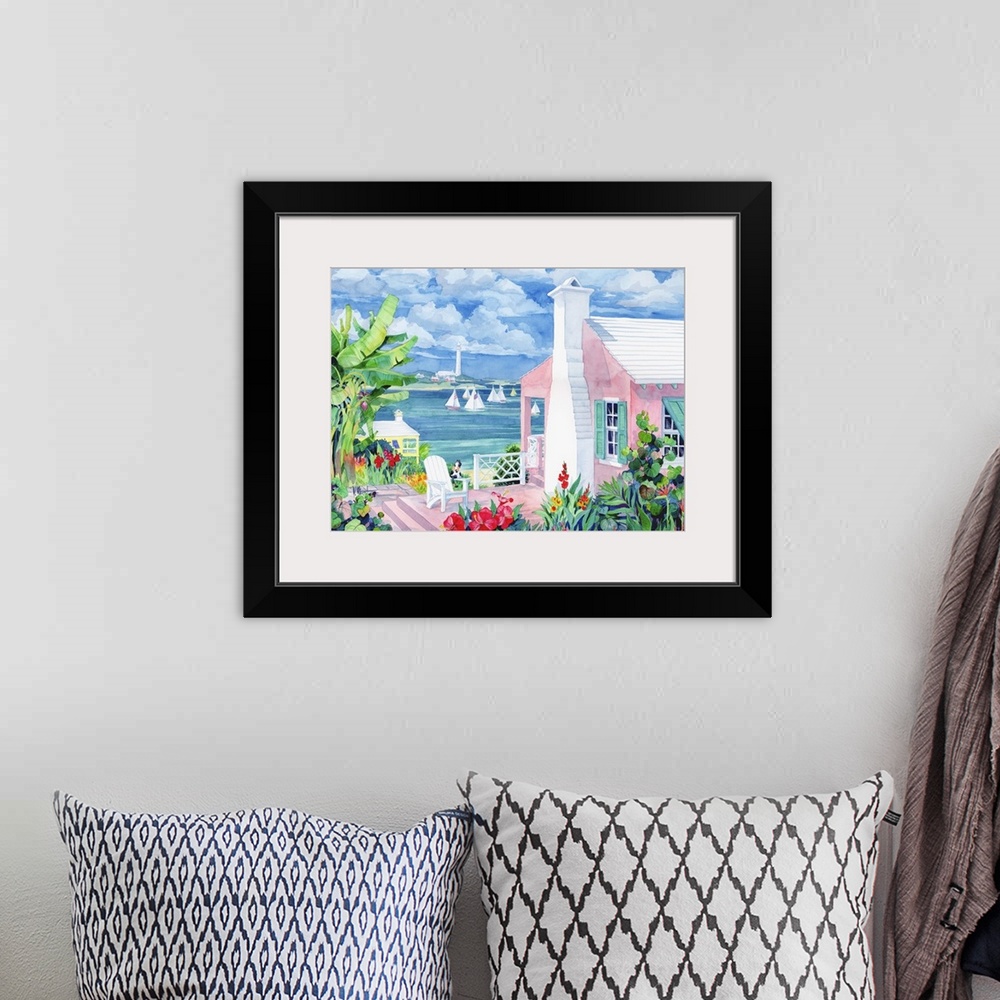 A bohemian room featuring Watercolor painting of a Bermuda resort town.