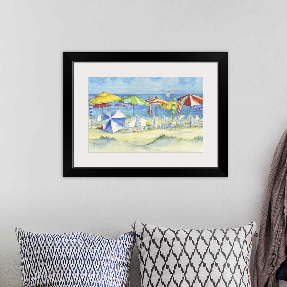 A bohemian room featuring Watercolor painting of several adirondack chairs and colorful beach umbrellas on a sandy shore.