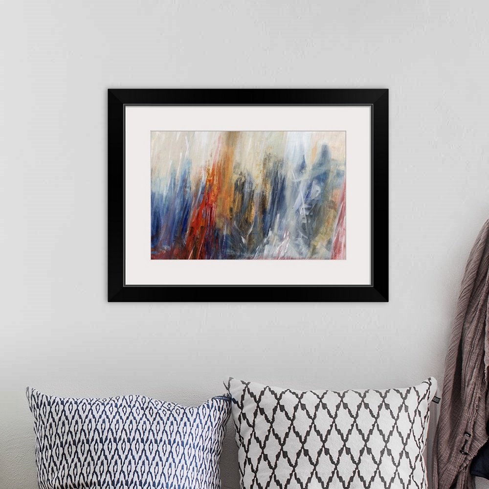 A bohemian room featuring Abstract painting using vibrant colors in downward stroking motions to create movement.