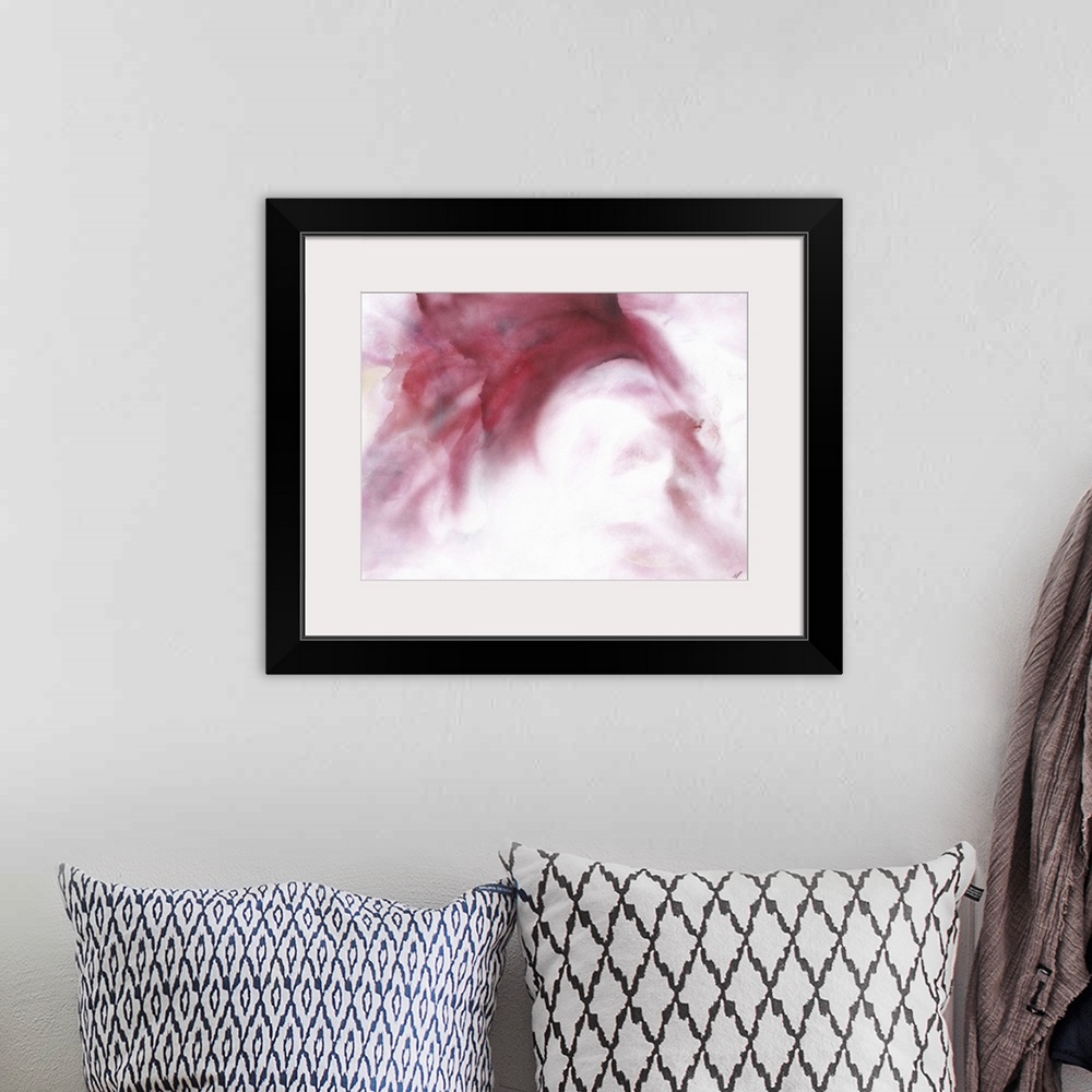 A bohemian room featuring Large artwork of a swooping red mist fading to white.