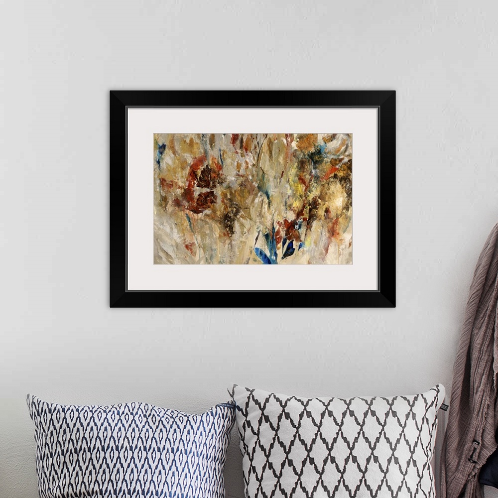 A bohemian room featuring Festive contemporary painting of flowers blooming in bright red, blue, and yellow.