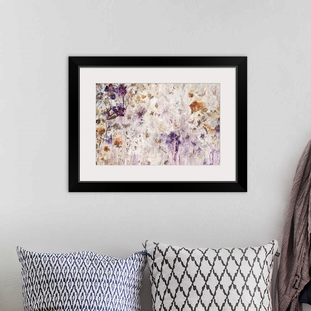 A bohemian room featuring Semi-abstract artwork of a garden of bright gold and lavender flowers.