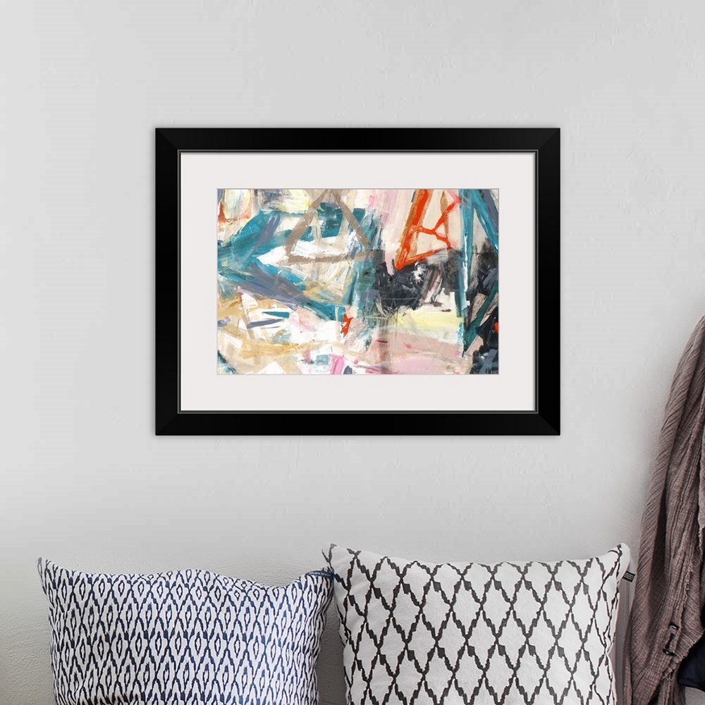 A bohemian room featuring Large abstract painting with angled brushstrokes created with vibrant hues all over the canvas.