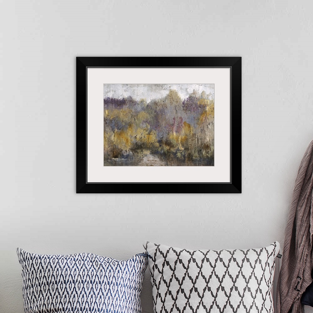 A bohemian room featuring Contemporary abstract painting using earth tones to create an abstracted forest landscape.