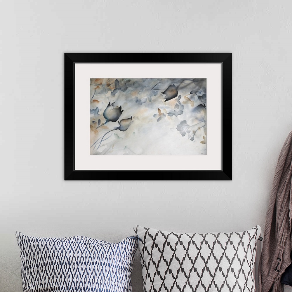 A bohemian room featuring Watercolor painting of flower blooms and leaves fading into the background.