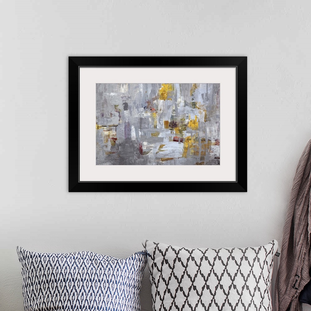 A bohemian room featuring Contemporary abstract painting using mostly gray tones with hints of gold.