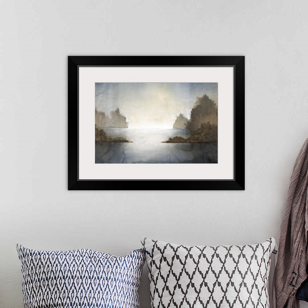 A bohemian room featuring Contemporary painting of an abstract landscape with sunshine bouncing off of the water creating b...