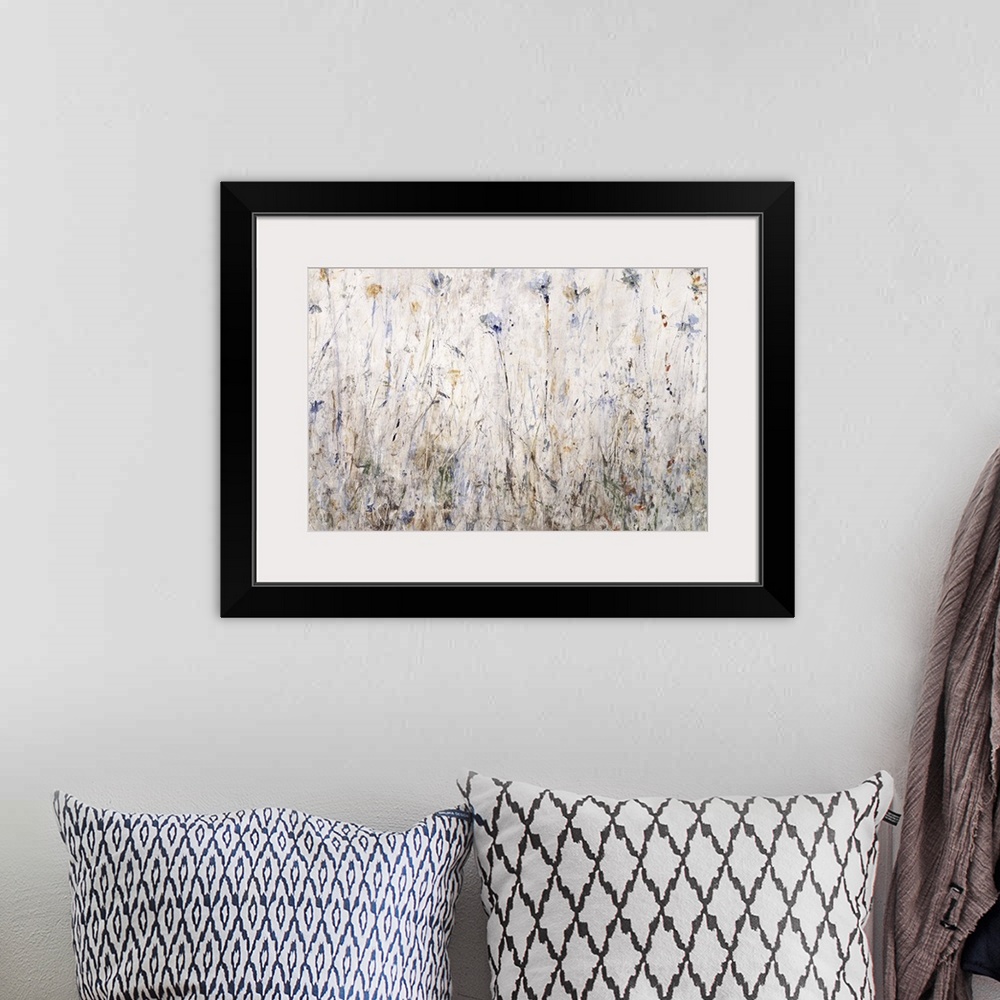 A bohemian room featuring Abstract painting filled with thin brushstrokes in all directions with shades of blue, brown, gre...