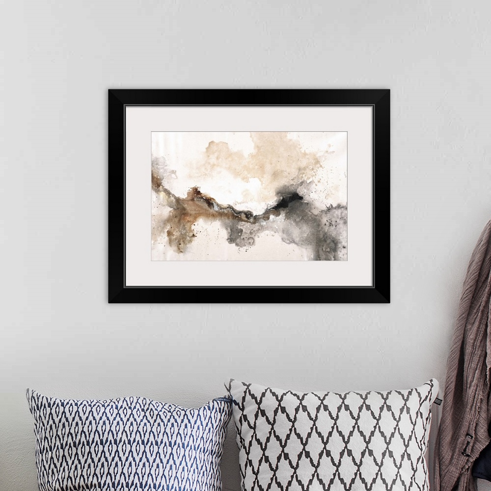 A bohemian room featuring Contemporary abstract painting in earthy tones of brown and grey.