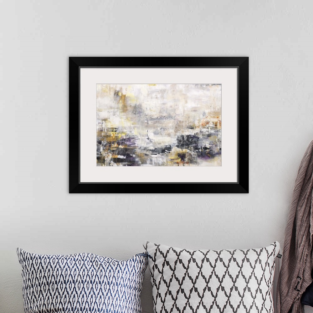 A bohemian room featuring Contemporary abstract artwork in shades of white, grey, gold.