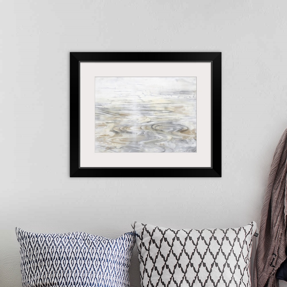 A bohemian room featuring Contemporary artwork of faint ripples in a body of water in tones of gray and brown.
