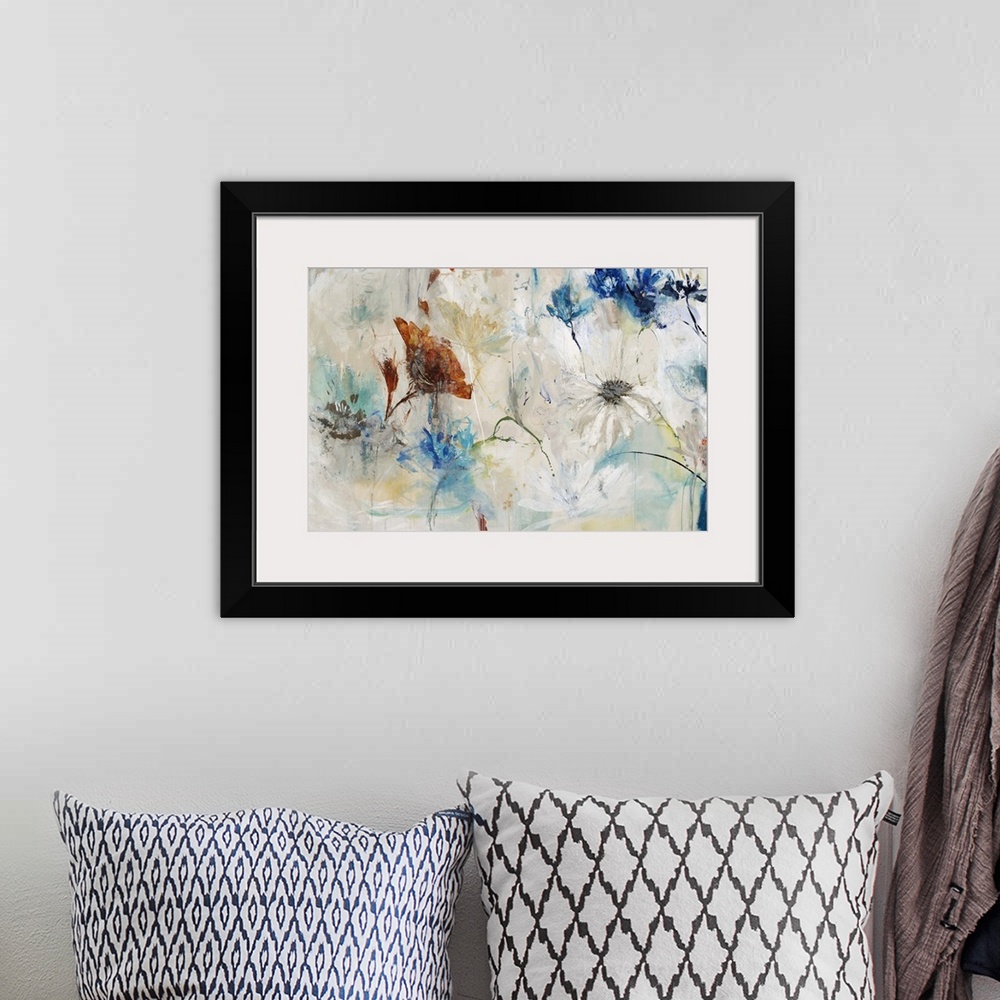 A bohemian room featuring Contemporary painting of abstracted flowers against a pale background with splashes of blue.