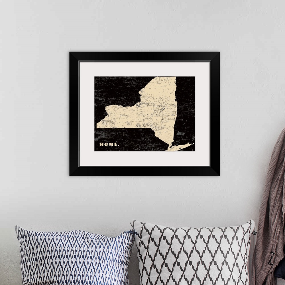 A bohemian room featuring Distressed wall art graphic art of the state of New York with the word home in the lower left cor...