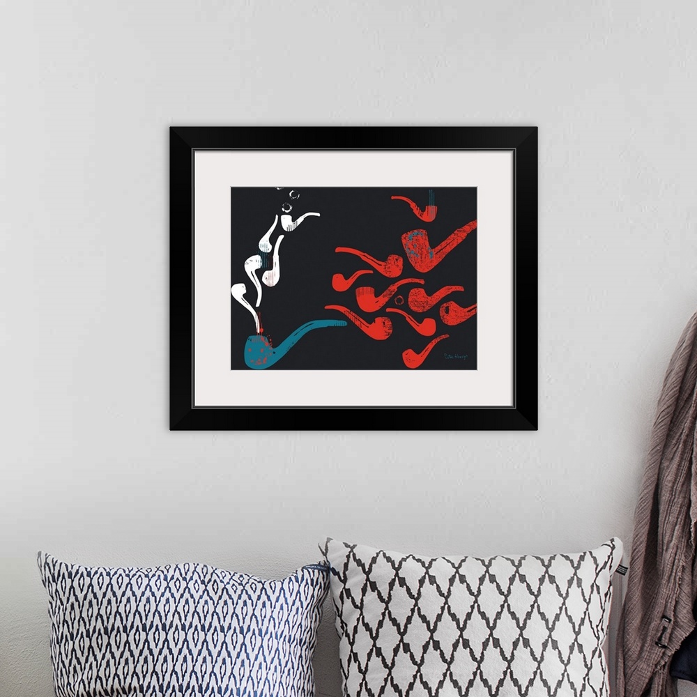 A bohemian room featuring Smoking pipes graphic art pattern in red, white and blue on black background.