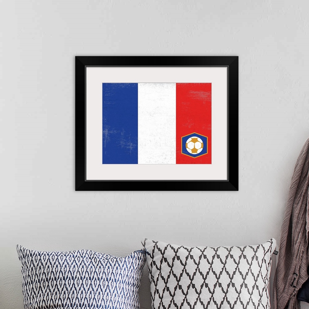 A bohemian room featuring Flag of France with soccer crest with soccer ball.