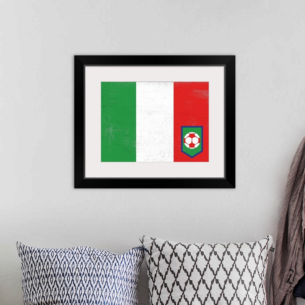 A bohemian room featuring Flag of Italy with soccer crest with soccer ball.