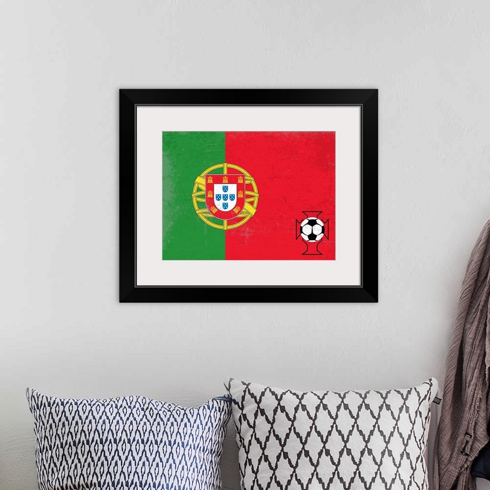 A bohemian room featuring Flag of Portugal with soccer crest with soccer ball.