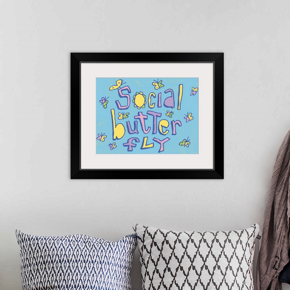 A bohemian room featuring Pen and Ink illustration artwork of small butterflies hovering all over the phrase "Social Butter...