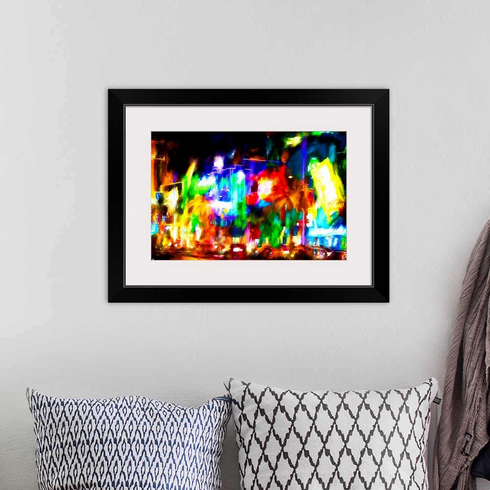 A bohemian room featuring Photograph with a painterly effect of Las Vegas lit up at night.