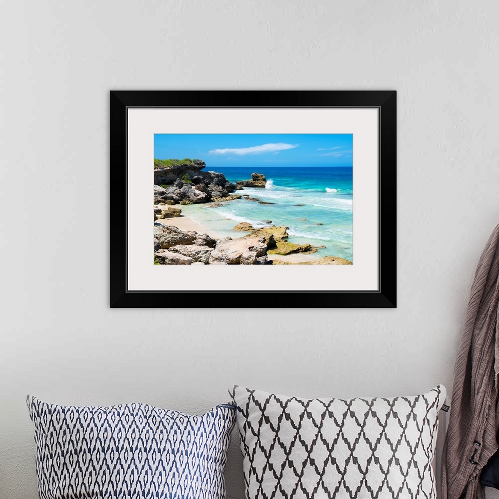 A bohemian room featuring Photograph of the rocky beach on Isla Mujeres, Mexico. From the Viva Mexico Collection.