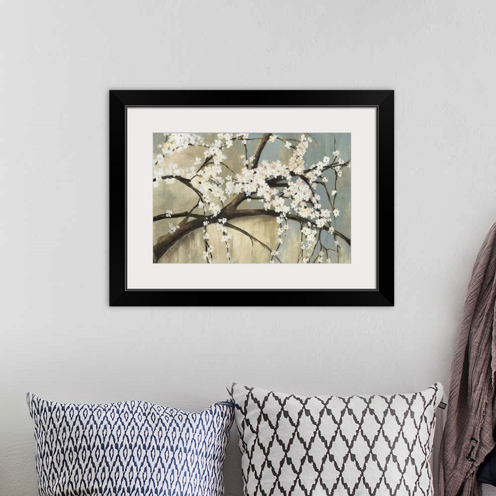 A bohemian room featuring Contemporary painting of little white flowers in bloom on the branches of a tree.