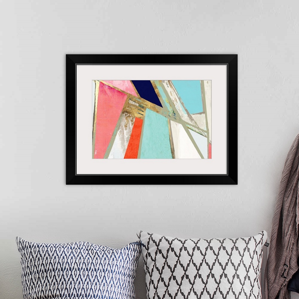 A bohemian room featuring Contemporary abstract painting in modern teal, pink, and navy colors with gold edges.