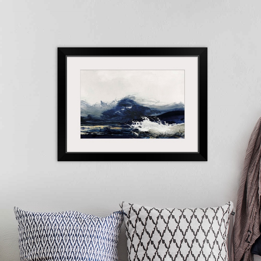 A bohemian room featuring Abstract painting with dark navy blue and white, resembling crashing waves.