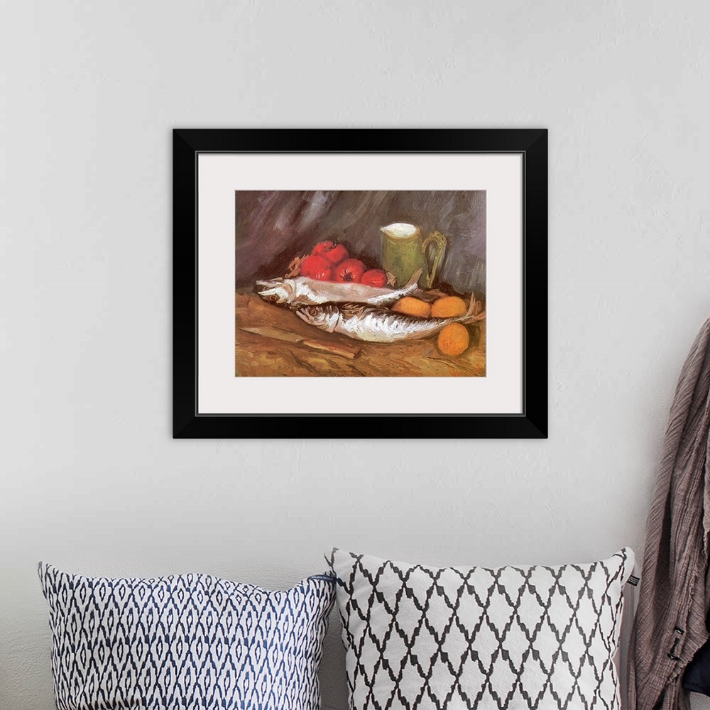 A bohemian room featuring Still Life with Mackerels, Lemons and Tomatoes