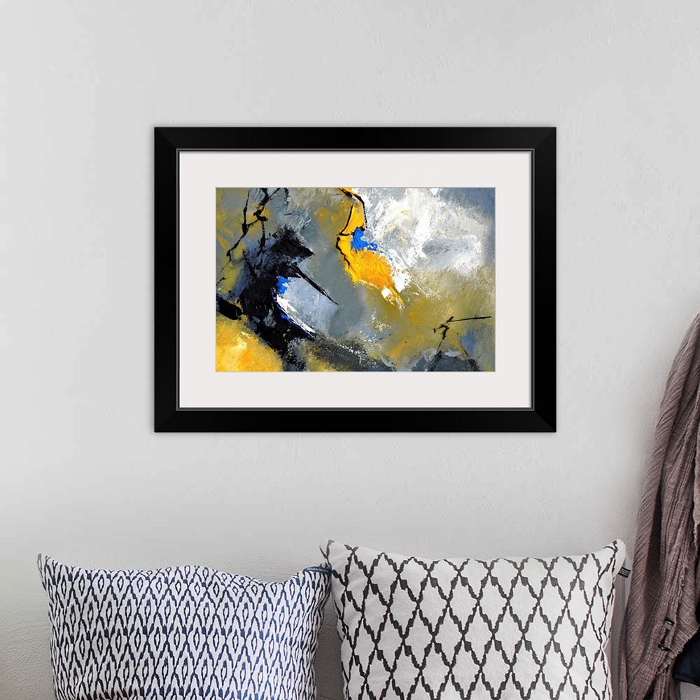 A bohemian room featuring Abstract painting in textured shades of black, blue, white, gray and yellow with splatters of pai...