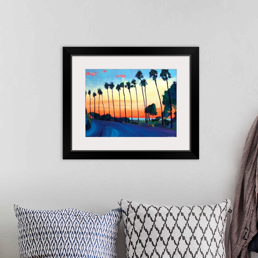 A bohemian room featuring Painting of Coast Boulevard and Scripps Park at Sunset in La Jolla Cove.
