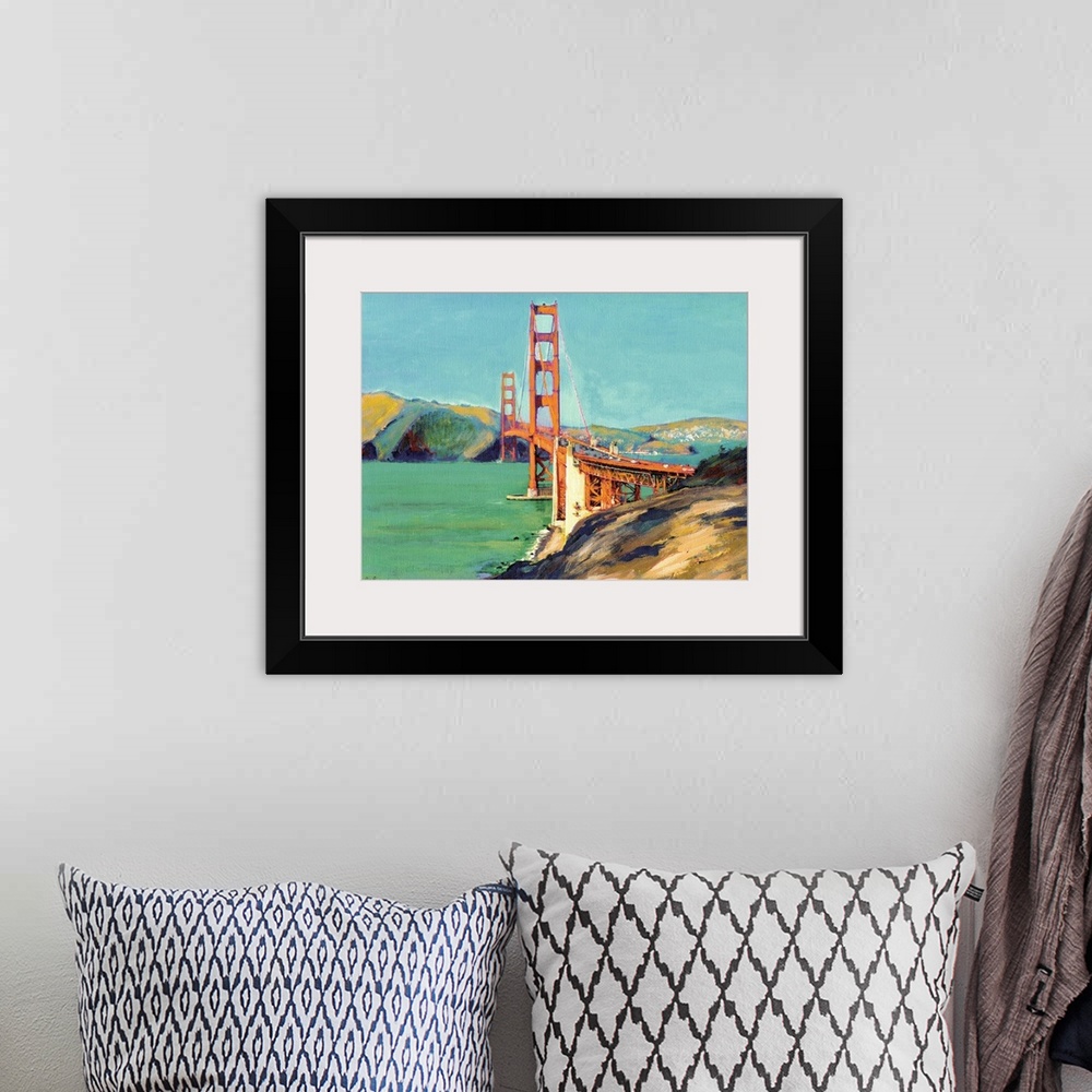 A bohemian room featuring Landscape painting of the view west of the Golden Gate Bridge in San Francisco, CA.