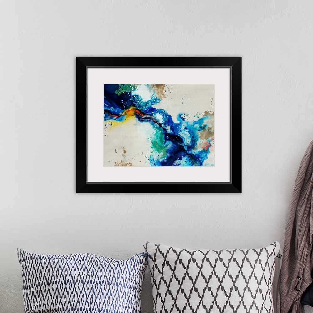 A bohemian room featuring Abstract painting of a fluid blue line over a neutral background adorned with multi-color paint s...