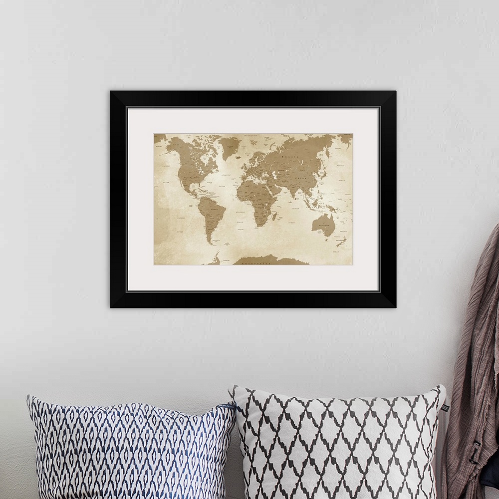 A bohemian room featuring Sepia toned map of the World with an antique look.