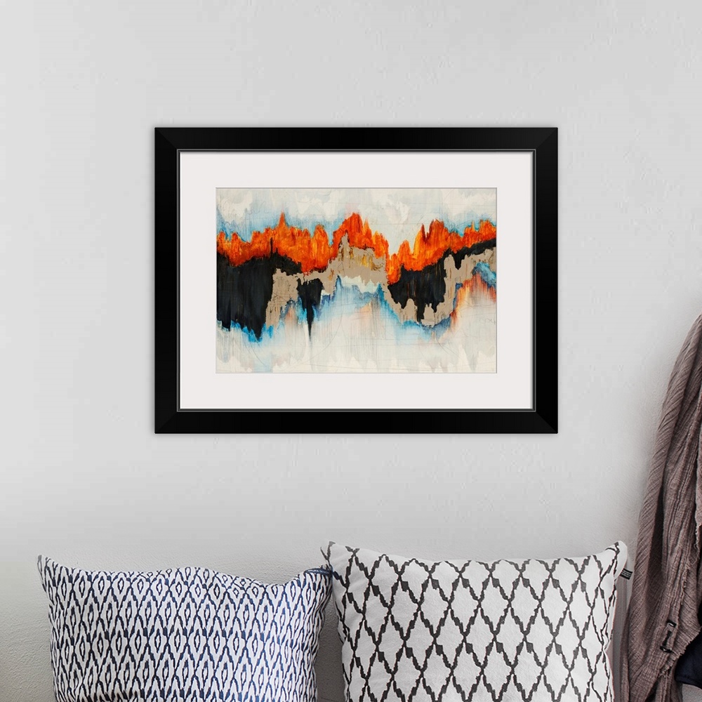 A bohemian room featuring Contemporary abstract painting with jagged bright orange, tan, black and light blue lines over a ...