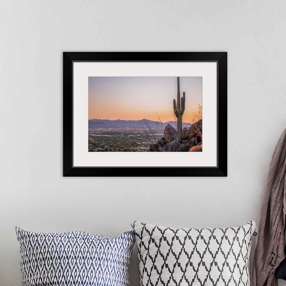 A bohemian room featuring Distant View Of Phoenix with a Saguaro Cactus, Arizona.