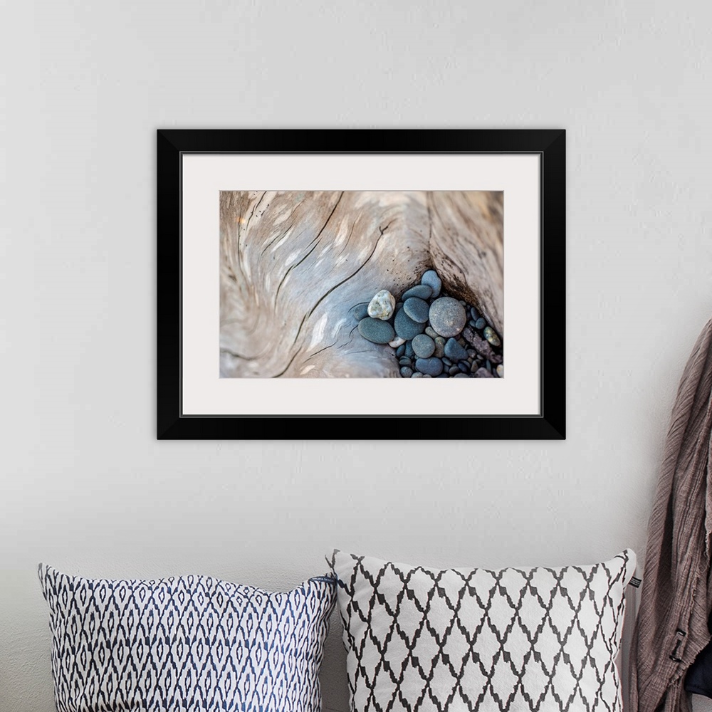 A bohemian room featuring Photograph of smooth rocks piled on top of a piece of driftwood on the pacific northwest coast.