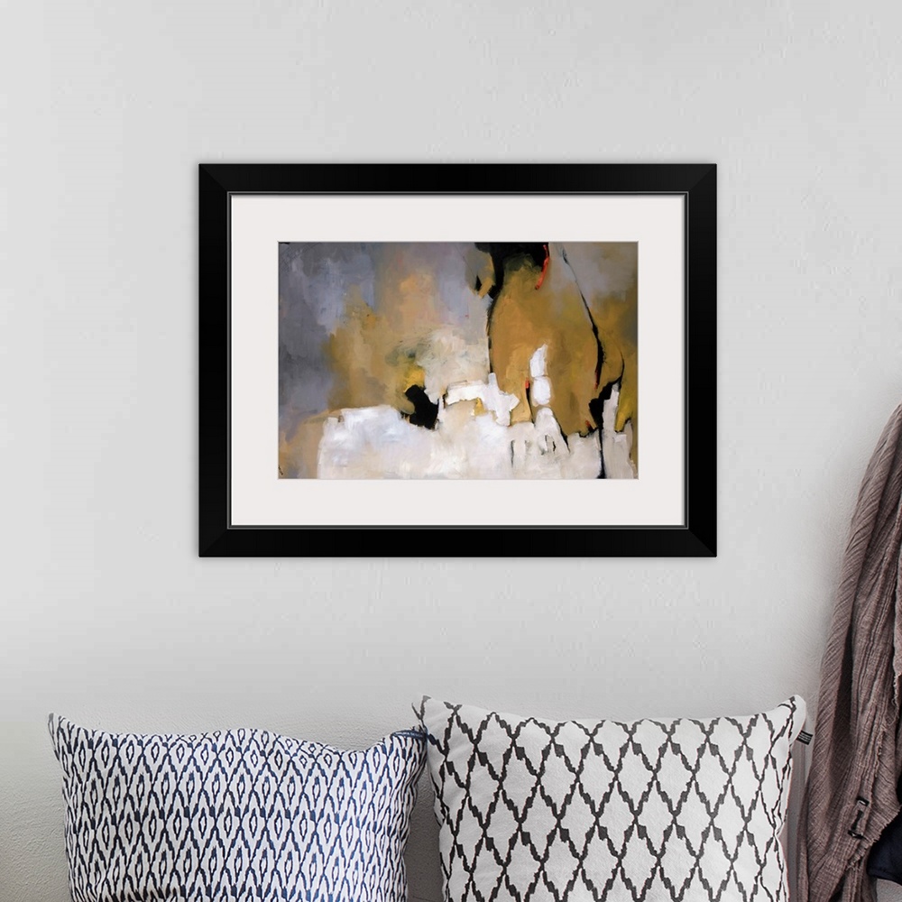 A bohemian room featuring This horizontal abstract painting is rendered with brush strokes implying shapes, depth, and a li...