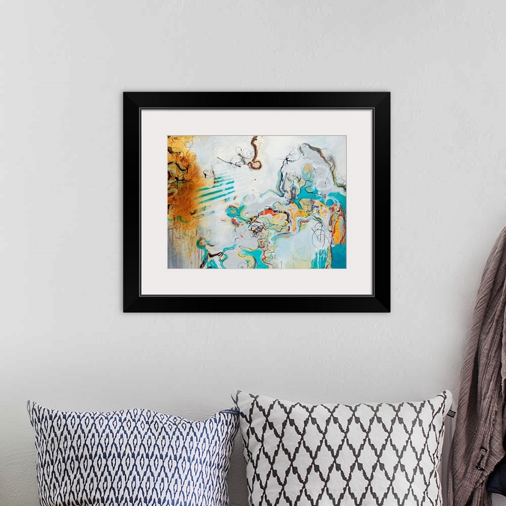 A bohemian room featuring Giant abstract art comprised of various earth and cool tones. Artist creates a busy piece by usin...