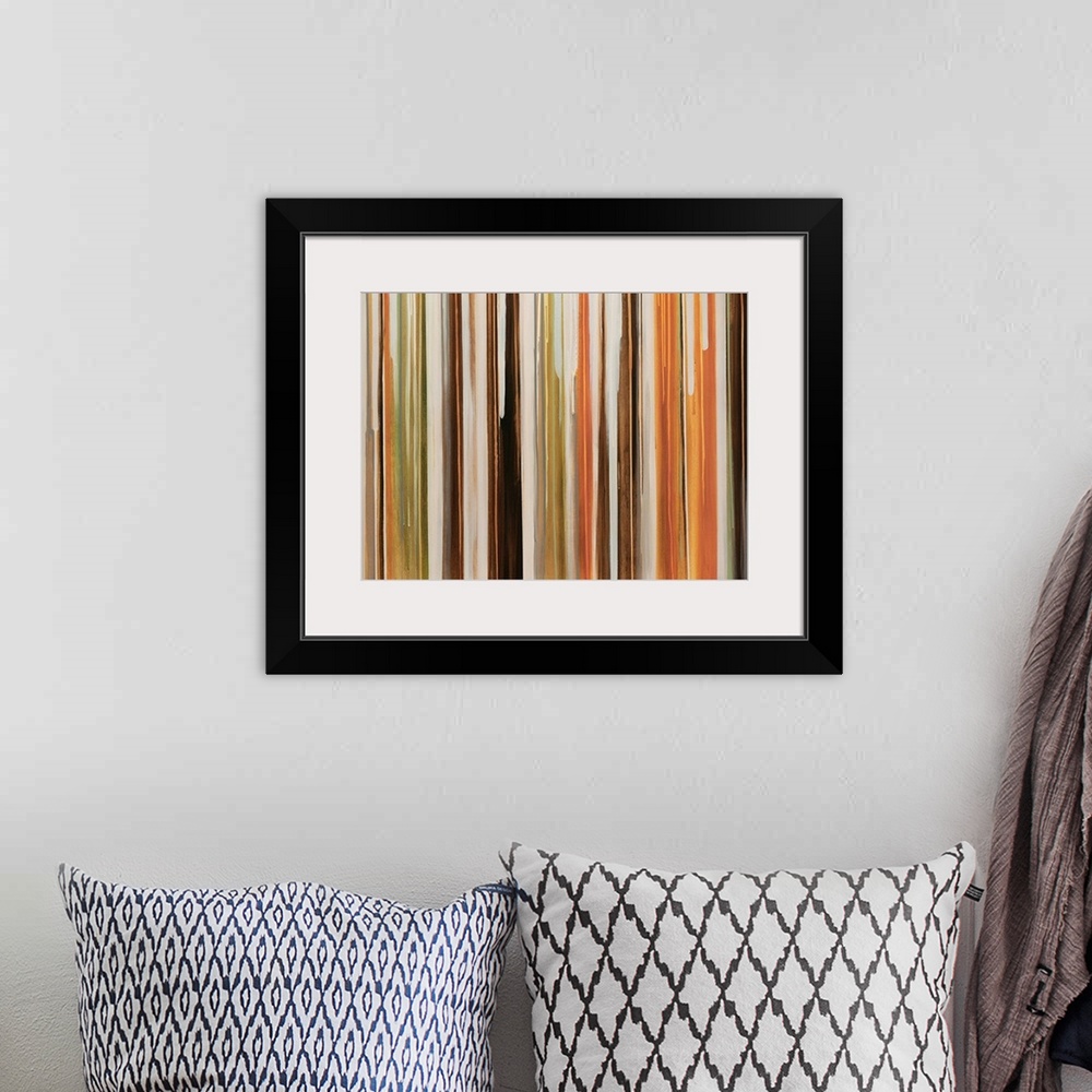 A bohemian room featuring Large abstract art includes an abundance of thin vertical lines in a variety of different earth t...