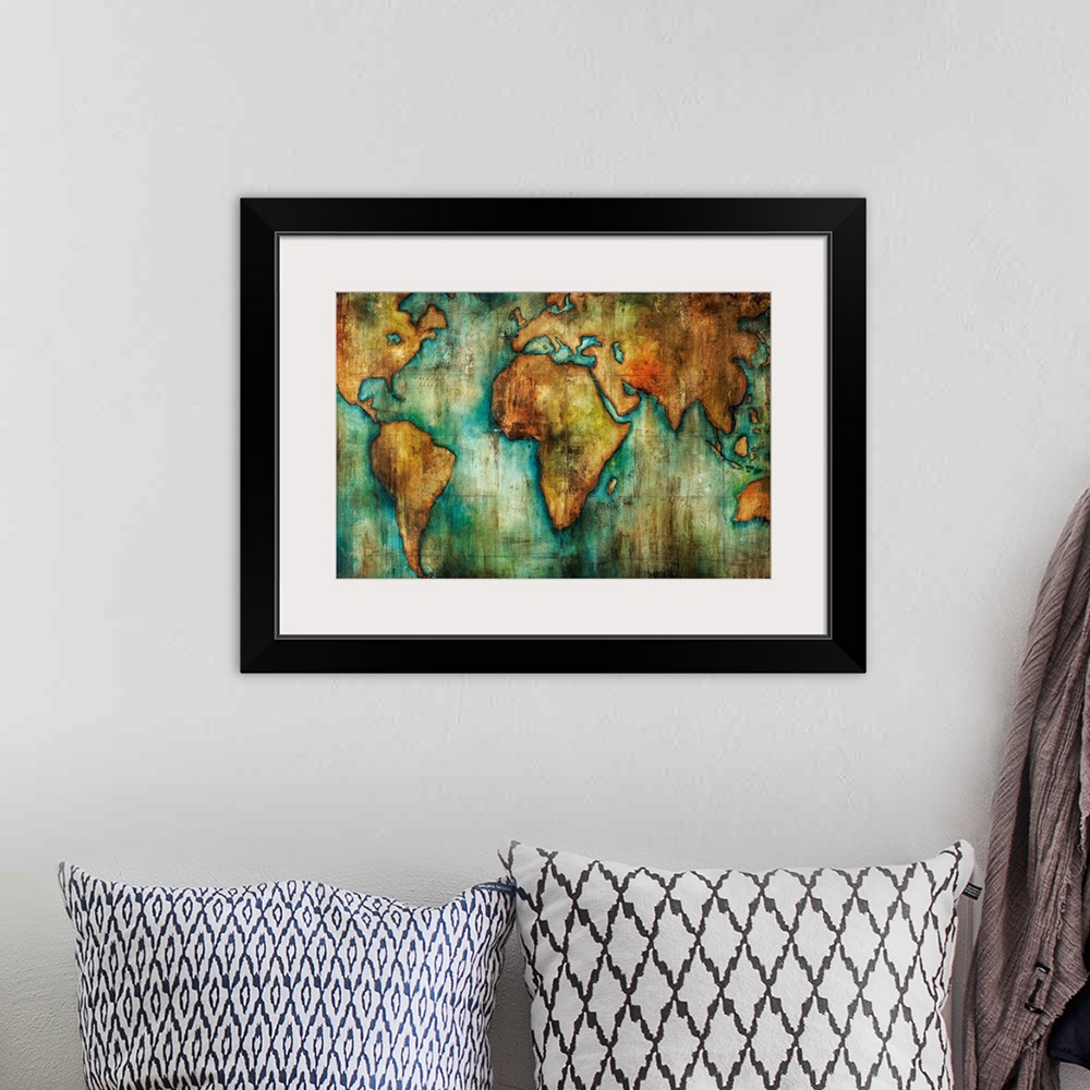 A bohemian room featuring Painting of a world map done in an antique style with shades of brown and blue-green.