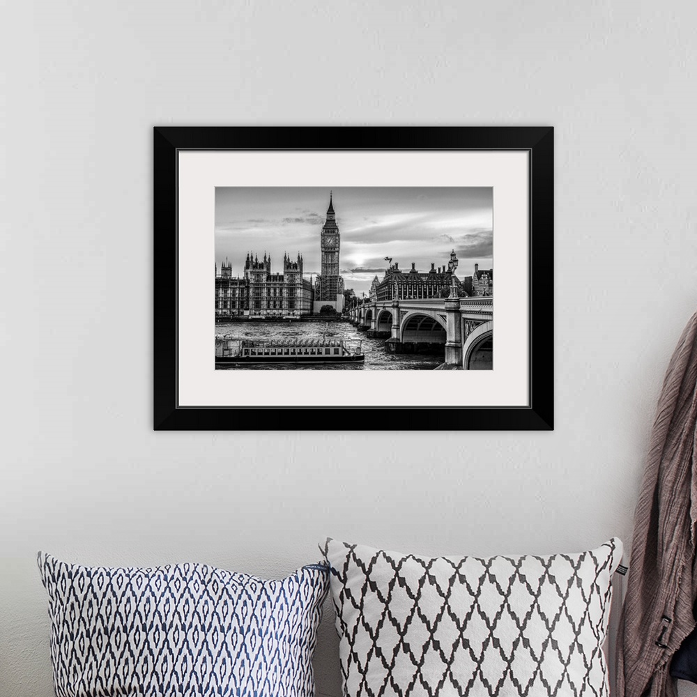A bohemian room featuring Photograph of a river boat on the River Thames about to go under the Westminster Bridge with Big ...