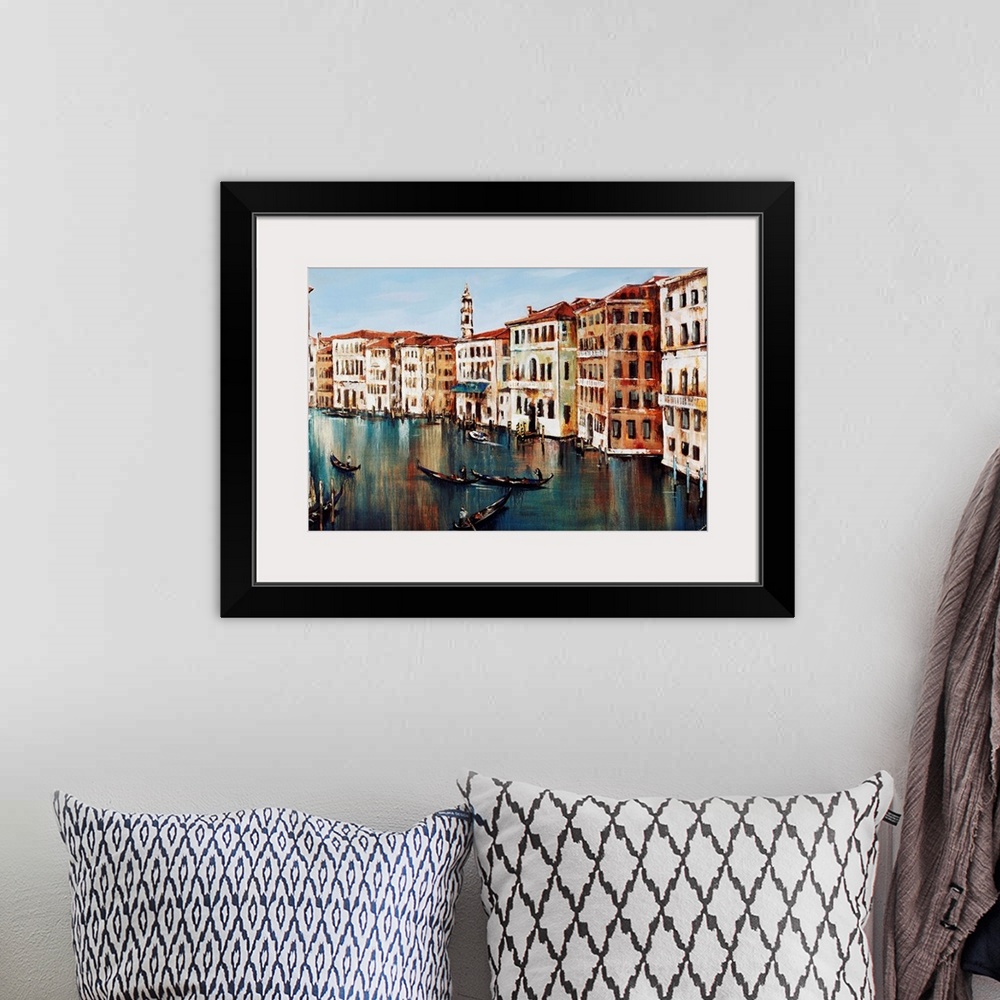 A bohemian room featuring Contemporary painting of gondolas on the Grand Canal in Venice, Italy.
